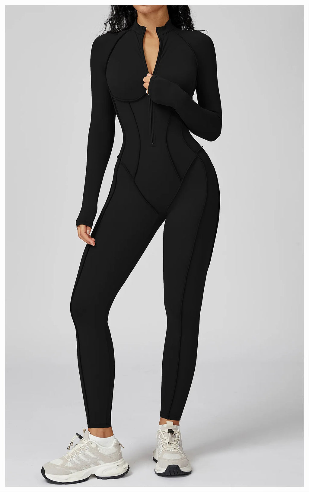 Zip-Front Yoga Jumpsuit – Sculpted Elegance & Comfort