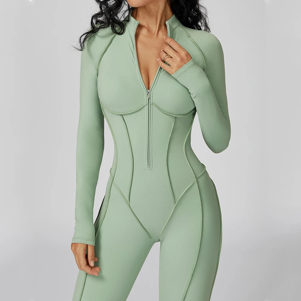 Zip-Front Yoga Jumpsuit – Sculpted Elegance & Comfort