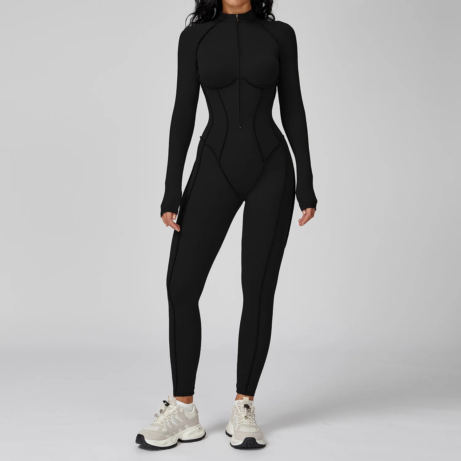 Zip-Front Yoga Jumpsuit – Sculpted Elegance & Comfort